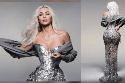Kim Kardashian wear a gray cardigan at MET Gala 2024