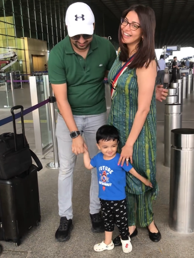 Kajal Aggarwal was spotted at the airport with her hubby Gautam and son Neil