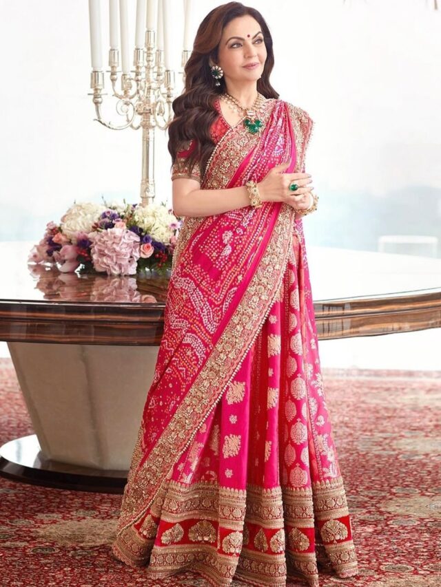 Nita Ambani Looking Beautiful in this pink Sabyasachi Saree for the Anant Ambani and Radhika merchant wedding festivities.