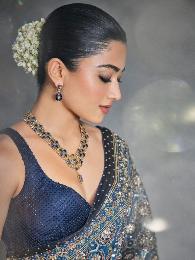 Rashmika Mandanna Slaying in Glamorous blue saree as she decks up for Anant Radhika Wedding