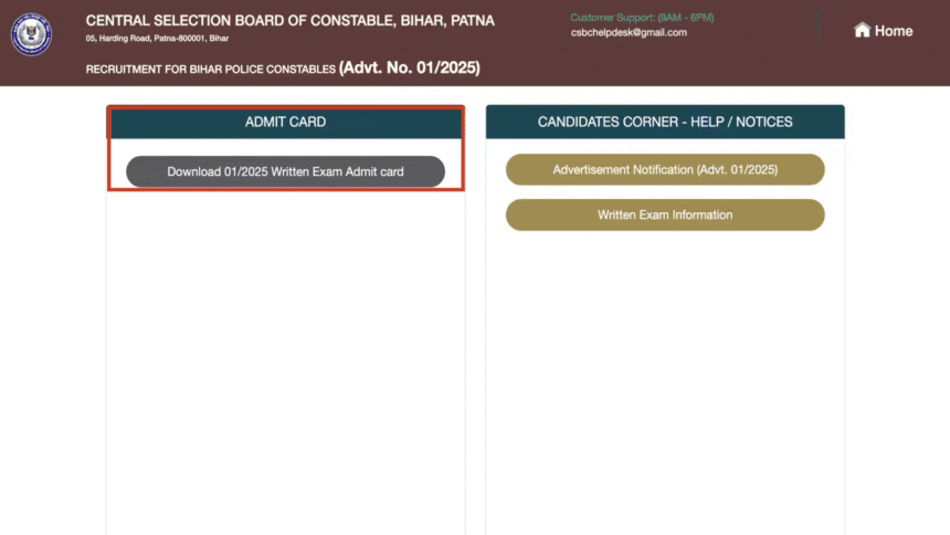CSBC Bihar Police Constable Exam Admit Card 2025 at csbc.bihar.gov.in