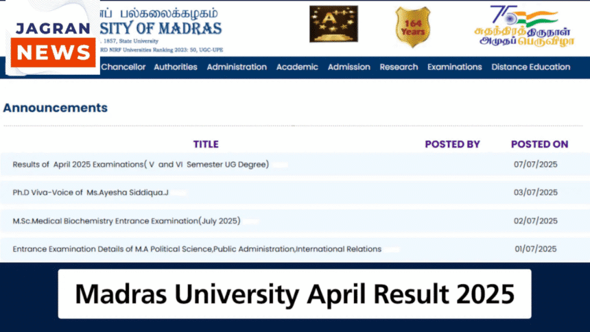 Madras University April 2025 Result घोषित – V & VI सेमेस्टर UG
