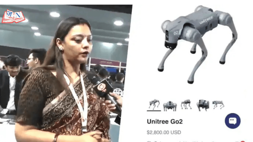 Woman discussing robotic technology showcase.