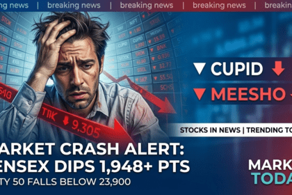 Sensex 1,948+ pts गिरा, Nifty 50 23,900 से नीचे — Cupid & Meesho के शेयर चर्चा में