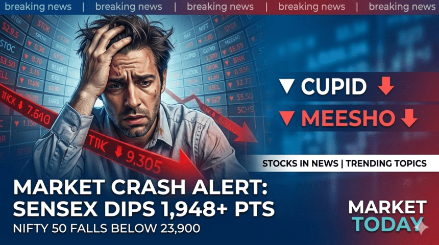 Sensex 1,948+ pts गिरा, Nifty 50 23,900 से नीचे — Cupid & Meesho के शेयर चर्चा में