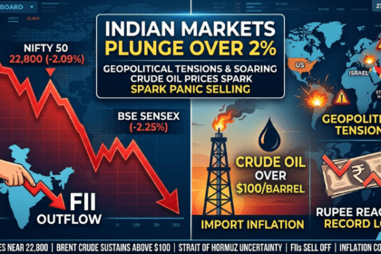 भारतीय शेयर बाजार में 2% से अधिक गिरावट — भू‑राजनीतिक तनाव और कच्चे तेल की बढ़ती कीमतों का असर