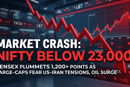 शॉर्ट डाउन: Sensex 1,200+ अंक लुढ़का, Nifty50 23,000 के नीचे — लार्ज‑कैप शेयरों में बेचैनी