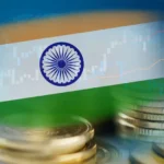 Indian flag with coins and graphs.