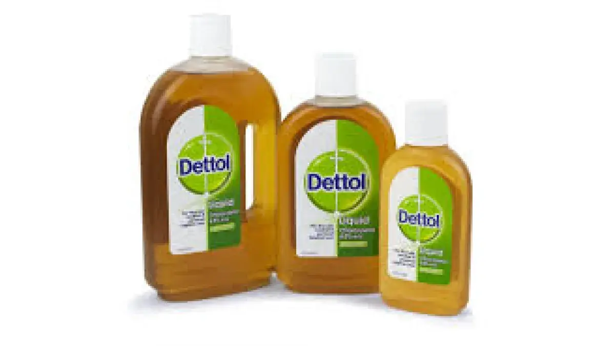 Three bottles of Dettol antiseptic liquid.