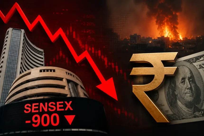 share-market-crash-sensex-falls-900-points-rupee-all-time-low-middle-east-war