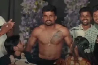 viral-wedding-video-friend-tattoo-groom-bride-face-chest-wedding-gift