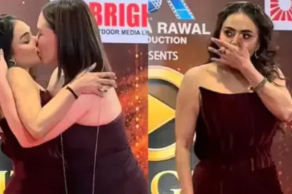 nikita-rawal-female-fan-kiss-red-carpet-video-viral