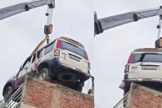 bihar-gopalganj-scorpio-crane-rooftop-viral-video