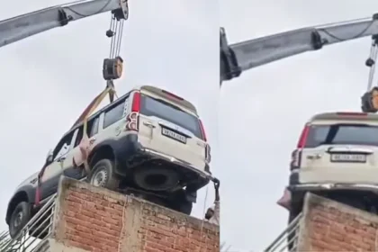 bihar-gopalganj-scorpio-crane-rooftop-viral-video