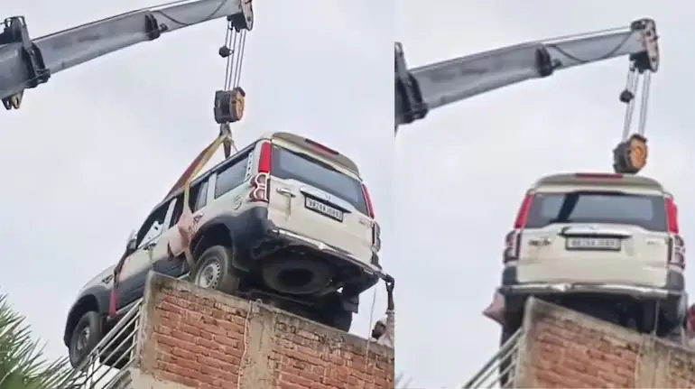 bihar-gopalganj-scorpio-crane-rooftop-viral-video
